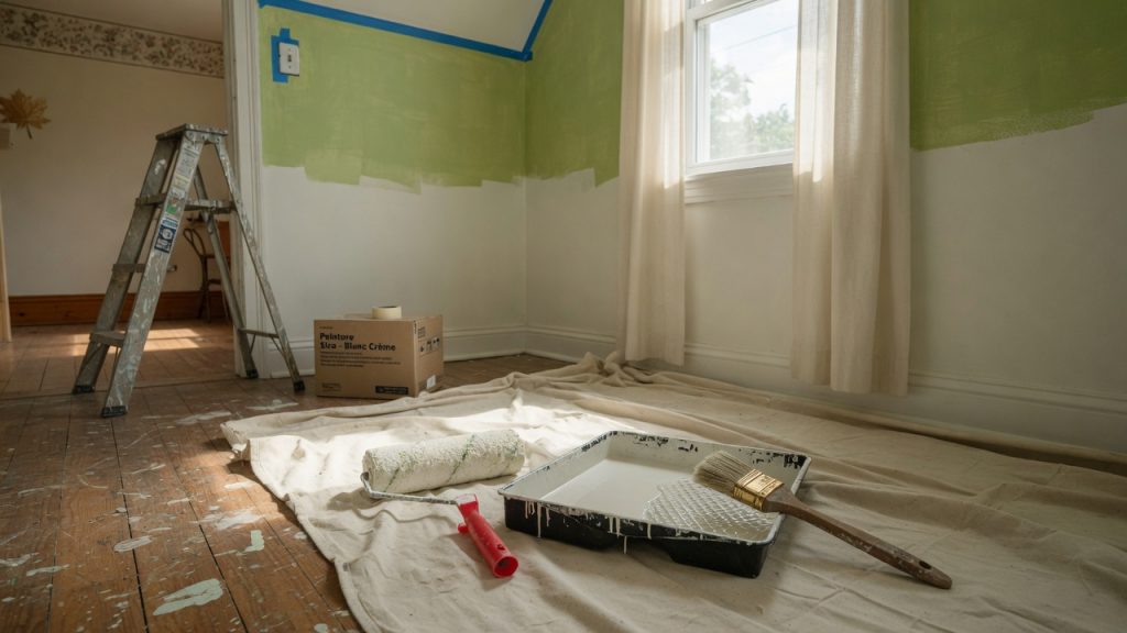 Interior of a room being repainted ladder paint tray with white paint brush roller and drop cloth on the floor near a box of paint supplies  Bricopro