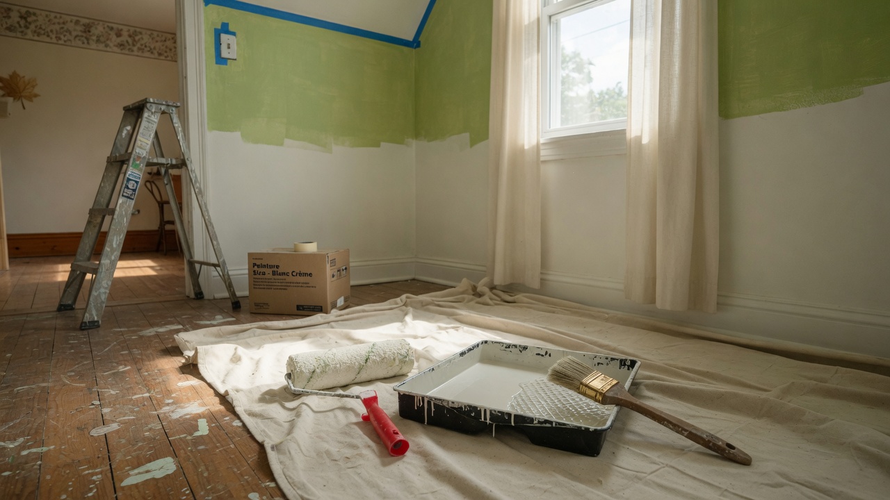 Interior of a room being repainted ladder paint tray with white paint brush roller and drop cloth on the floor near a box of paint supplies  Bricopro