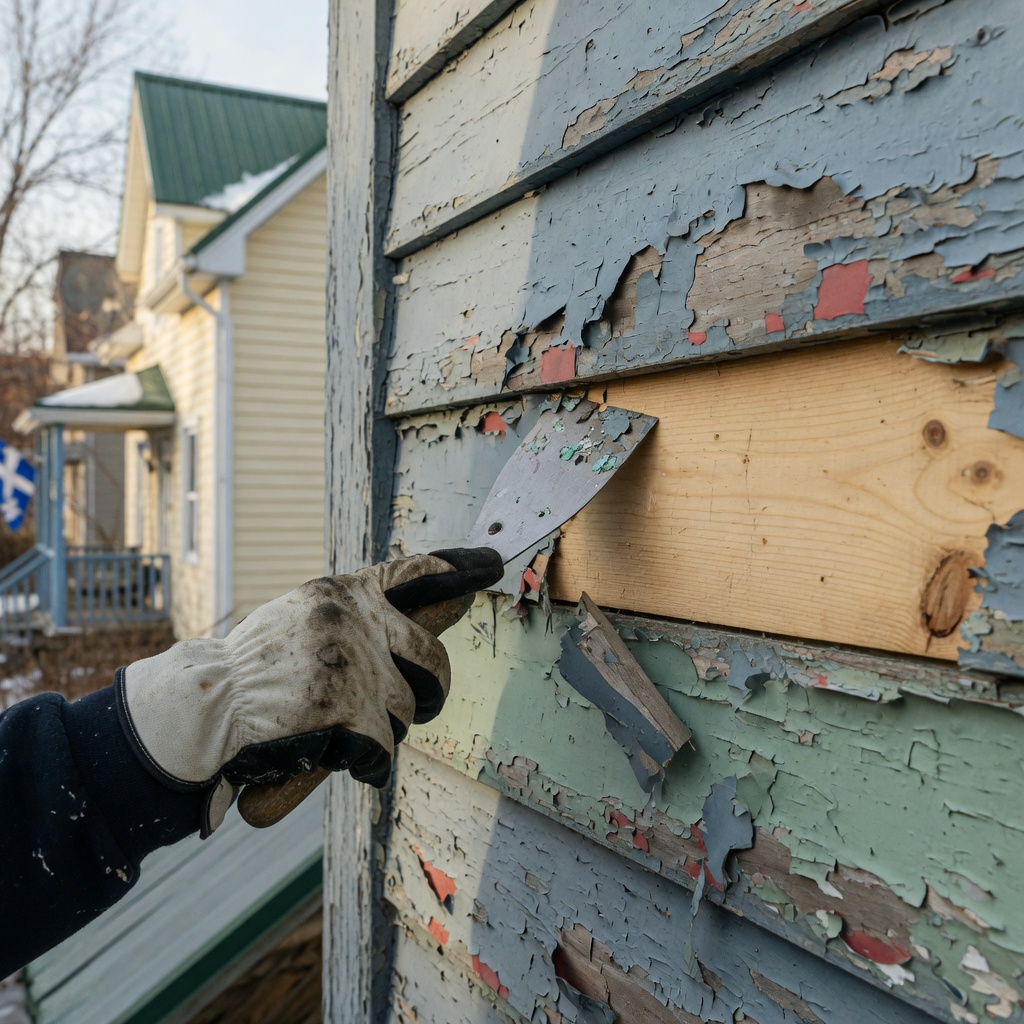 Gloved hand with a scraper peeling old blue green paint from a wooden exterior wall revealing bare wood  Bricopro