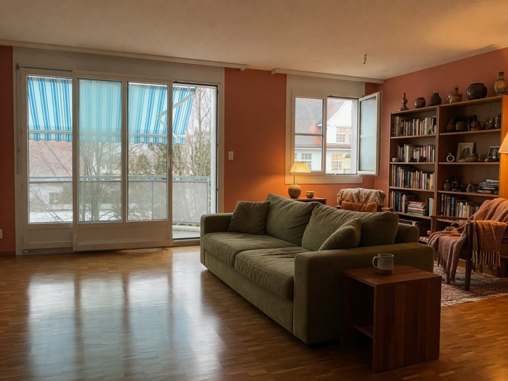 hero013 Bricopro Cozy living room with a green sofa wooden side table and a tall bookshelf overlooking a balcony through large glass doors with a blue striped awning outside Bricopro